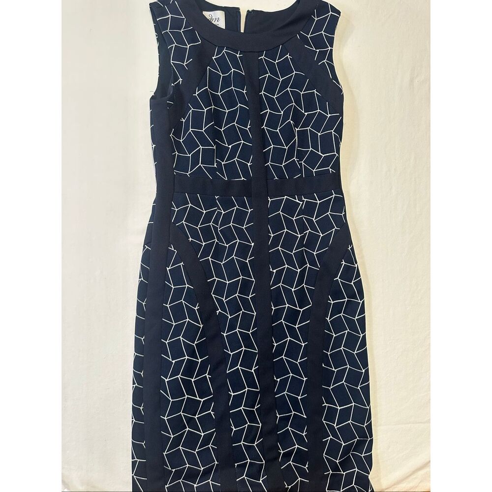 DM Collection Sheath Dress Navy White Geometric Print Sleeveless Career Size 2